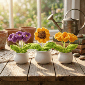 Crochet Flower Pot, Handmade Mini Potted Flowers, Cute Desk Decor, Forever Flowers Gift, Home Office Decor, Gift for Her
